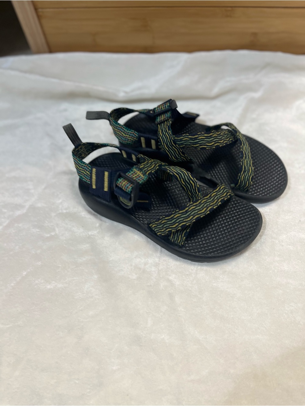 Chaco Kids Black Sandals with Green and Yellow Patterned Straps